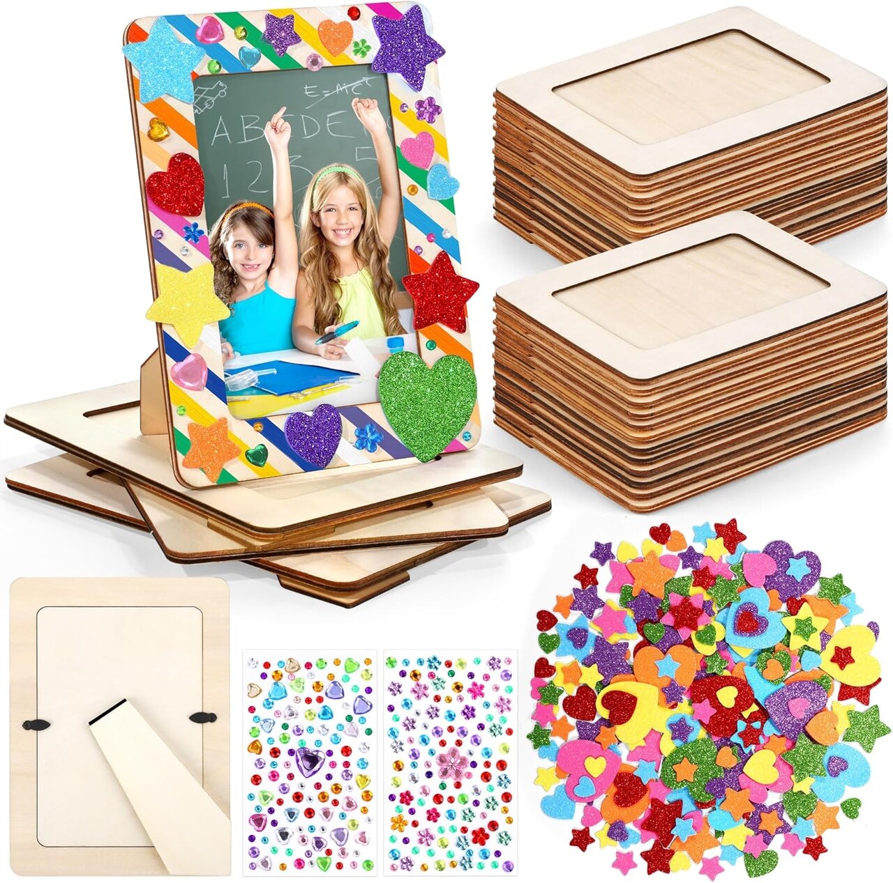 24-Pack DIY Wooden Picture Frame Painting Craft Kit – Unfinished 4x6 Inch Photo Frames with Rhinestone & Glitter Foam Stickers for Creative Decorating